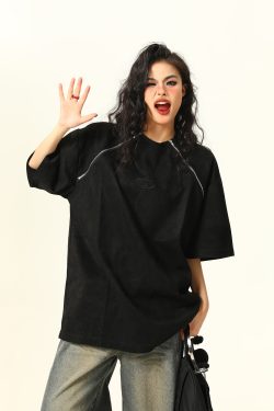 Retro Suede Double Zipper Short Sleeve T-Shirt for Men and Women - High Street Loose Fit Couple Tee, Y2K Style