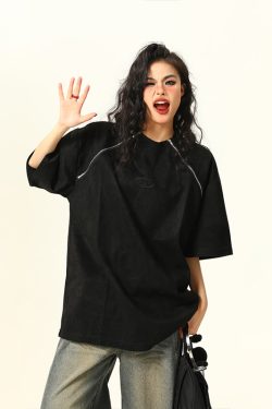 Retro Suede Double Zipper Short Sleeve T-Shirt for Men and Women - High Street Loose Fit Couple Tee, Y2K Style