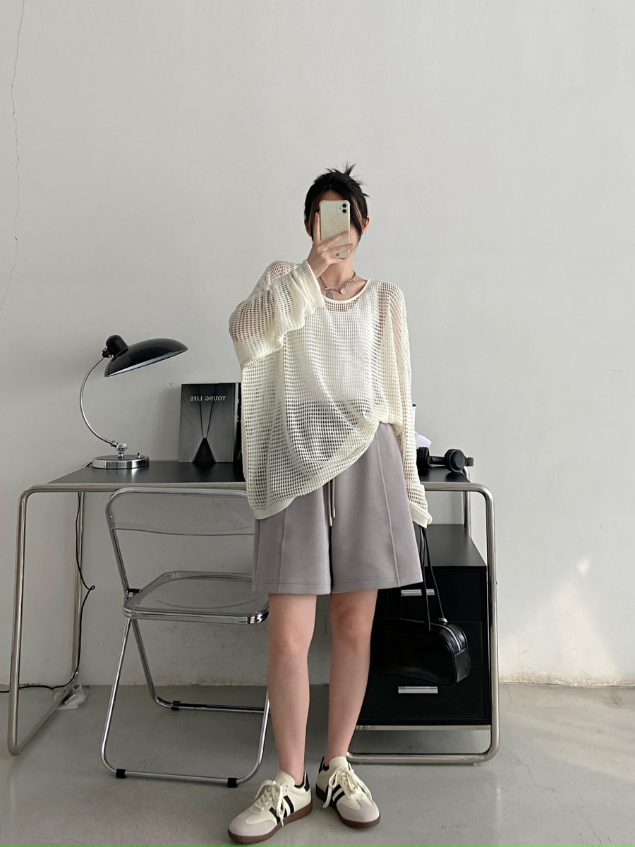 Retro Sun Grapefruit Loose-Fitting Knitted Cover-Up Sweater - Hollow-Out Summer Pullover for Sun Protection, Versatile Style Retro Sun Grapefruit Loose-Fitting Knitted Cover-Up Sweater - Hollow-Out Summer Pullover for Sun Protection, Versatile Style