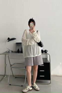 Retro Sun Grapefruit Loose-Fitting Knitted Cover-Up Sweater - Hollow-Out Summer Pullover for Sun Protection, Versatile Style