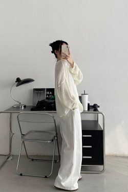 Retro Sun Grapefruit Loose-Fitting Knitted Cover-Up Sweater - Hollow-Out Summer Pullover for Sun Protection, Versatile Style