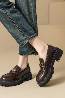 Retro Thick-Soled Leather Loafers for Women - Italian Slip-On Shoes for Spring and Autumn, Vintage Style Footwear