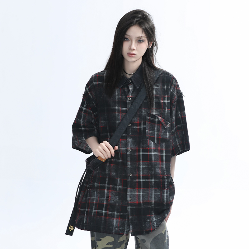 Retro Tie-Dye Plaid Short Sleeve Shirt for Women - Casual Summer Style, American High Street Trend Retro Tie-Dye Plaid Short Sleeve Shirt for Women - Casual Summer Style, American High Street Trend