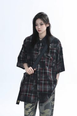 Retro Tie-Dye Plaid Short Sleeve Shirt for Women - Casual Summer Style, American High Street Trend