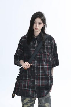Retro Tie-Dye Plaid Short Sleeve Shirt for Women - Casual Summer Style, American High Street Trend