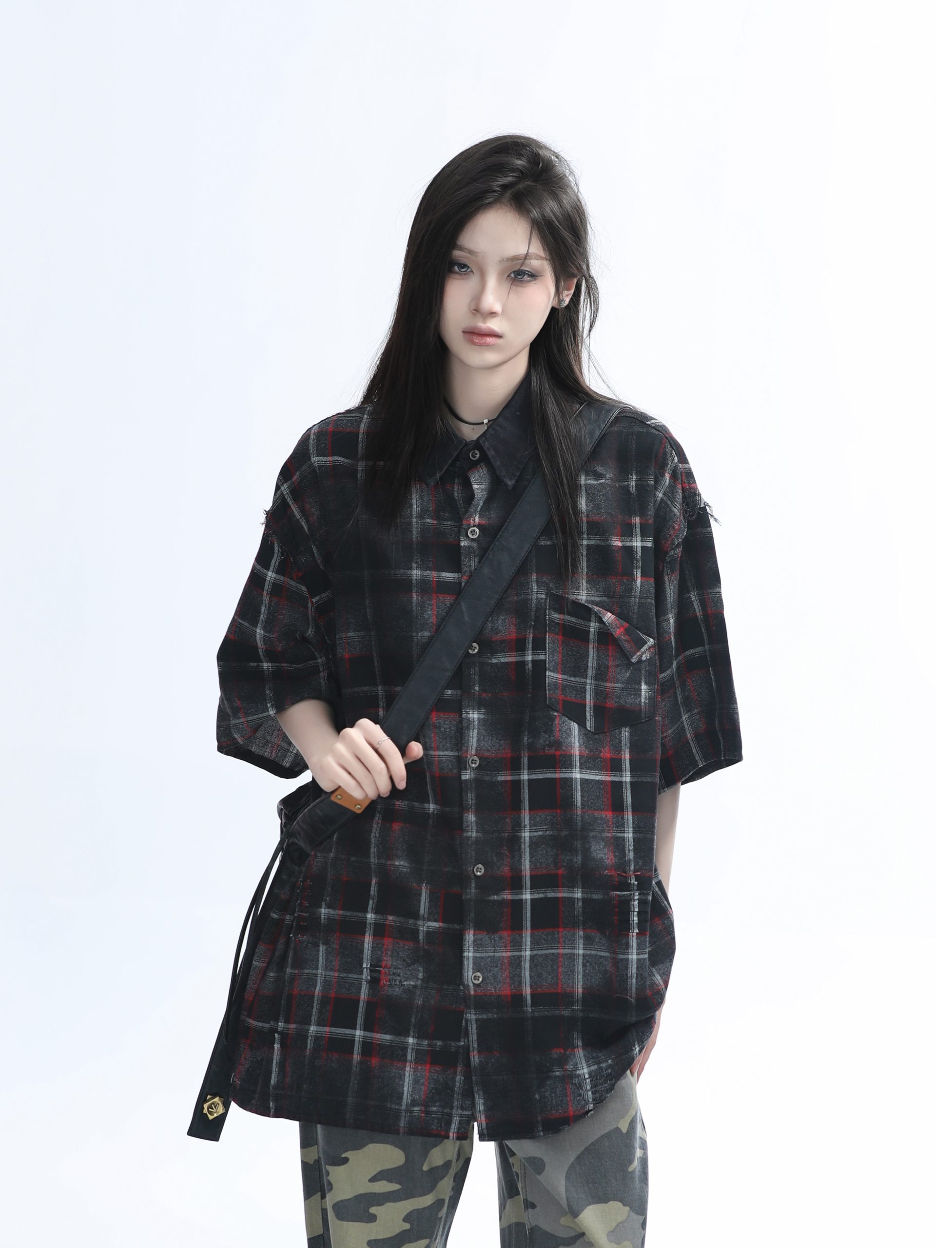 Retro Tie-Dye Plaid Short Sleeve Shirt for Women - Casual Summer Style, American High Street Trend Retro Tie-Dye Plaid Short Sleeve Shirt for Women - Casual Summer Style, American High Street Trend