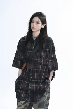 Retro Tie-Dye Plaid Short Sleeve Shirt for Women - Casual Summer Style, American High Street Trend