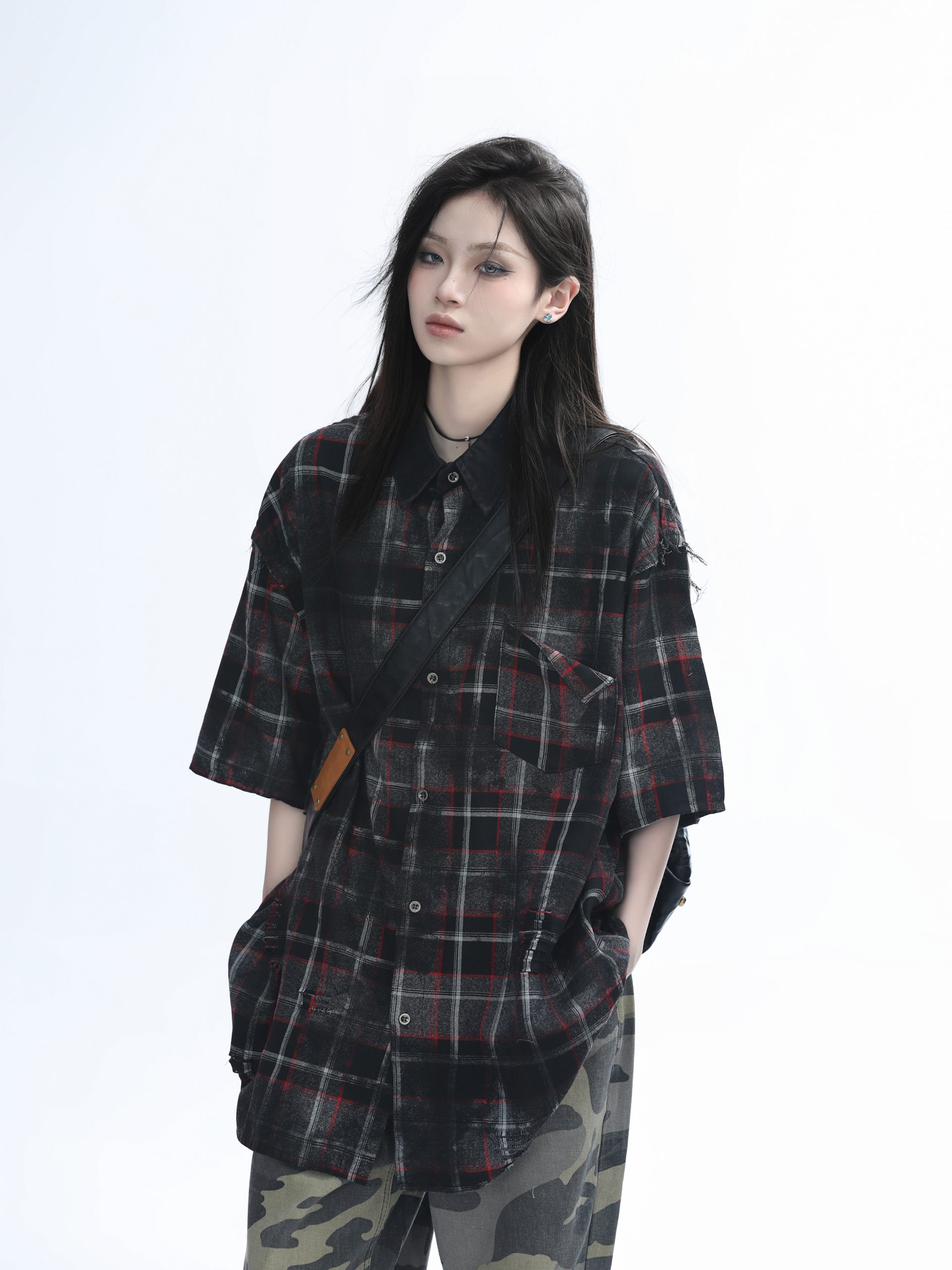 Retro Tie-Dye Plaid Short Sleeve Shirt for Women - Casual Summer Style, American High Street Trend Retro Tie-Dye Plaid Short Sleeve Shirt for Women - Casual Summer Style, American High Street Trend