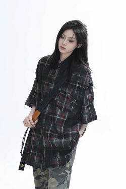 Retro Tie-Dye Plaid Short Sleeve Shirt for Women - Casual Summer Style, American High Street Trend