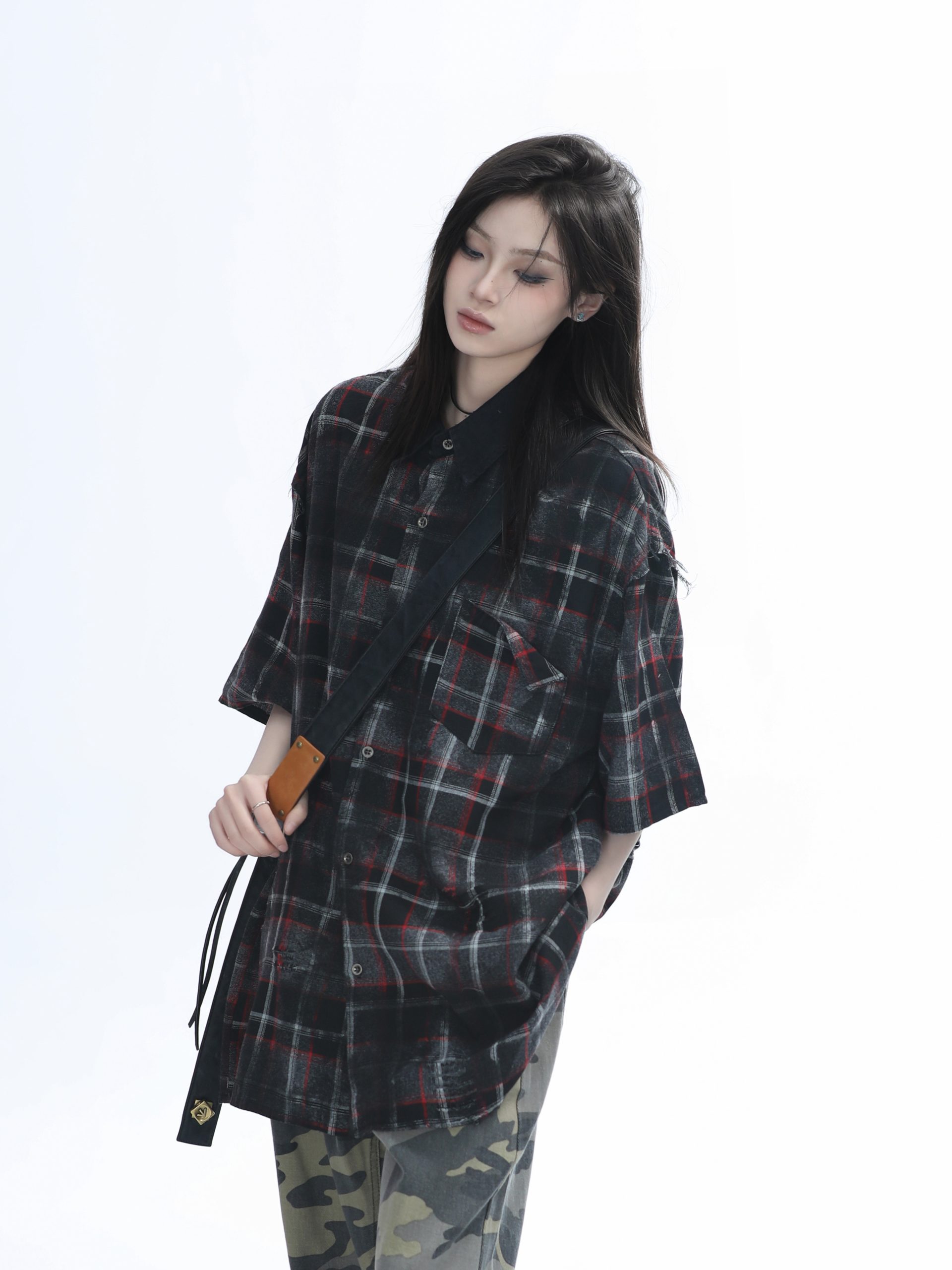 Retro Tie-Dye Plaid Short Sleeve Shirt for Women - Casual Summer Style, American High Street Trend Retro Tie-Dye Plaid Short Sleeve Shirt for Women - Casual Summer Style, American High Street Trend