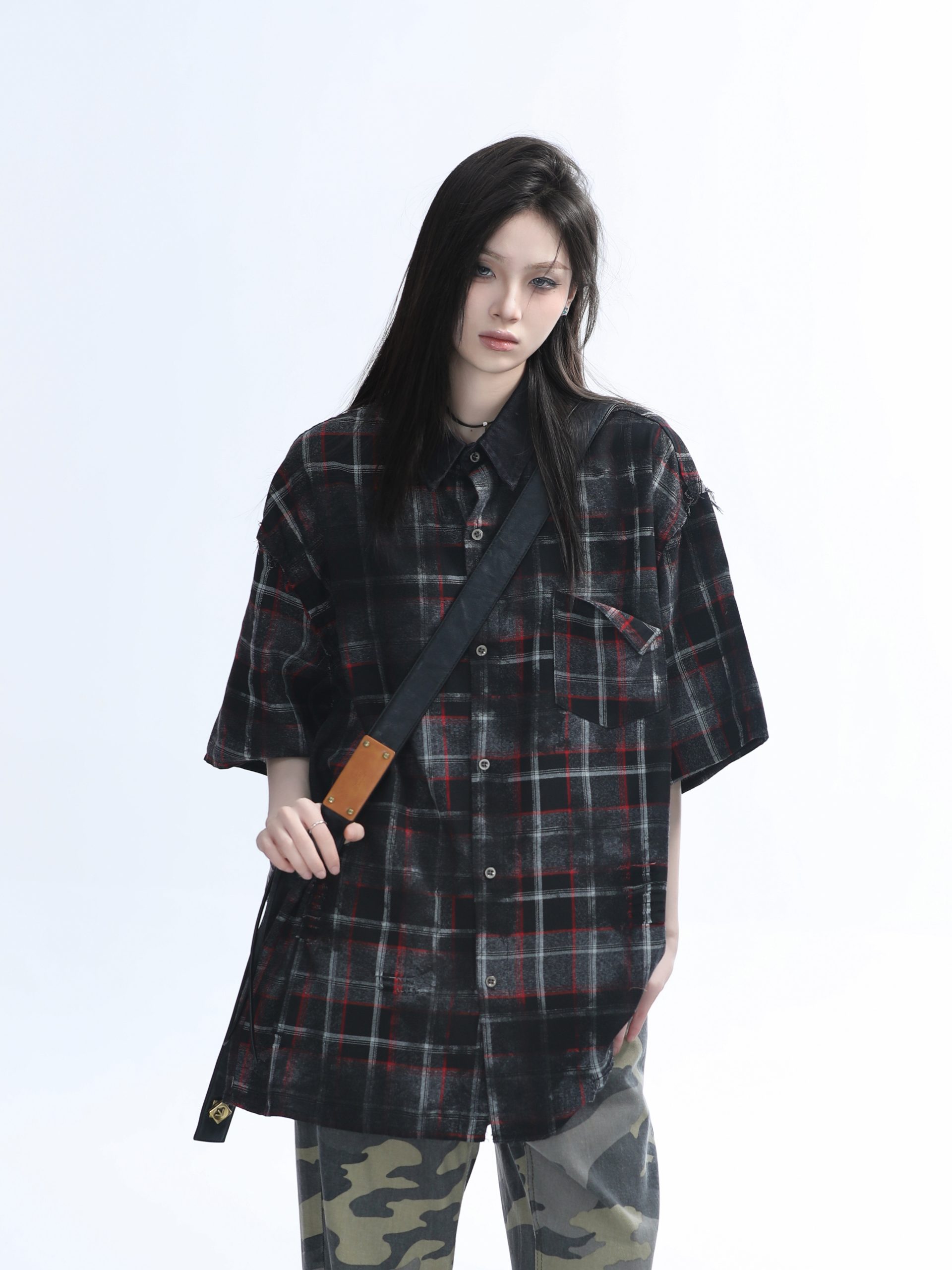 Retro Tie-Dye Plaid Short Sleeve Shirt for Women - Casual Summer Style, American High Street Trend Retro Tie-Dye Plaid Short Sleeve Shirt for Women - Casual Summer Style, American High Street Trend