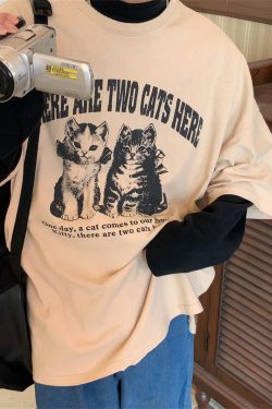 Retro Trendy Washed Vintage Cat Print Loose Fit Couple Round Neck Short Sleeve T-Shirt - Y2K Style