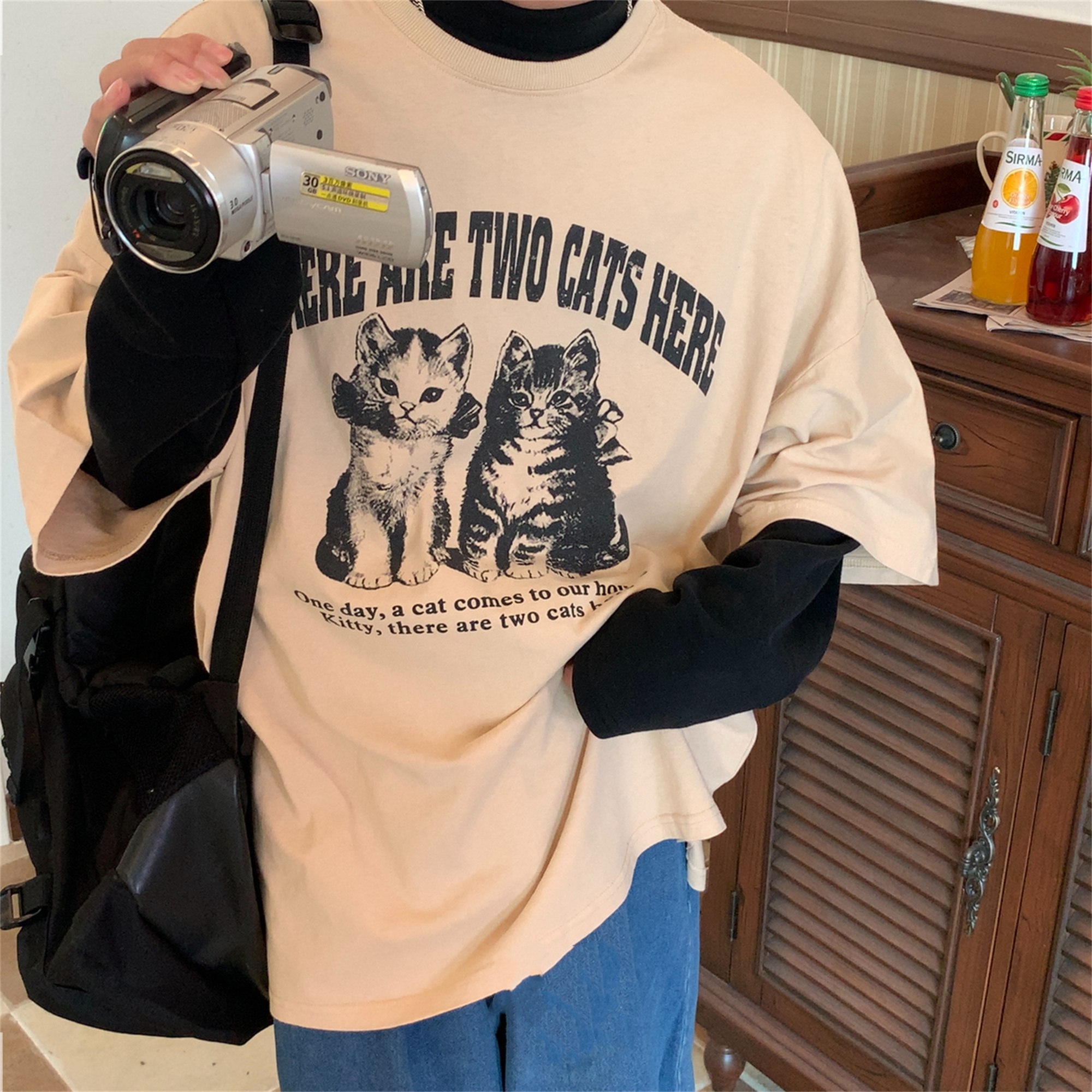 Retro Trendy Washed Vintage Cat Print Loose Fit Couple Round Neck Short Sleeve T-Shirt - Y2K Style Retro Trendy Washed Vintage Cat Print Loose Fit Couple Round Neck Short Sleeve T-Shirt - Y2K Style