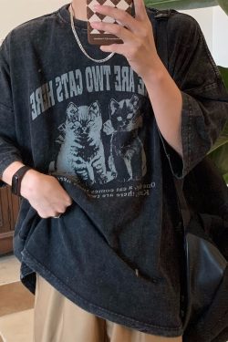Retro Trendy Washed Vintage Cat Print Loose Fit Couple Round Neck Short Sleeve T-Shirt - Y2K Style