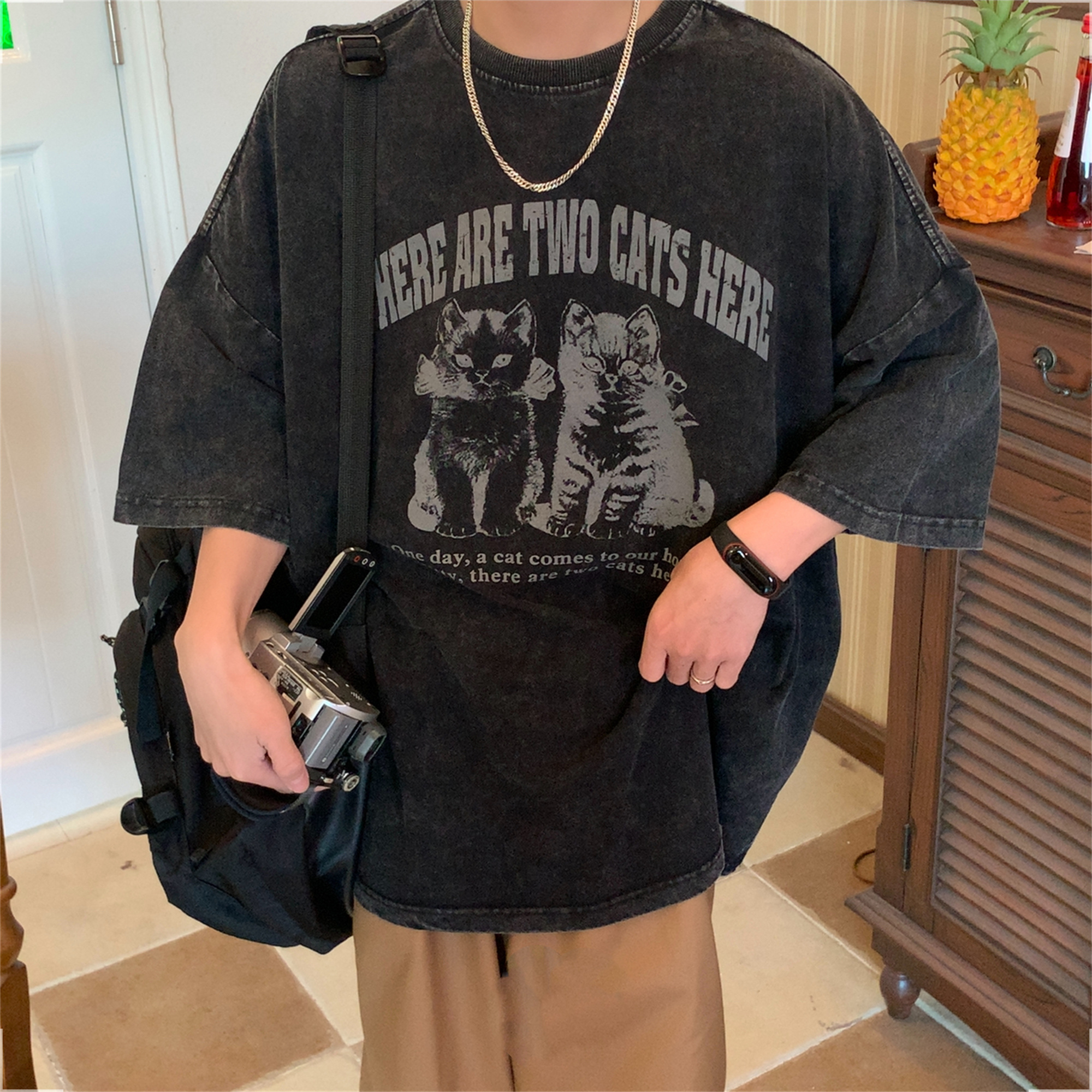 Retro Trendy Washed Vintage Cat Print Loose Fit Couple Round Neck Short Sleeve T-Shirt - Y2K Style Retro Trendy Washed Vintage Cat Print Loose Fit Couple Round Neck Short Sleeve T-Shirt - Y2K Style