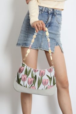 Retro Tulip Flower Underarm Bag for Women, Textured Jacquard Crossbody, Versatile Vacation Style, Niche Design
