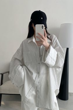 Retro Vertical Striped Big Sleeve Shirt in Sun Grapefruit Tone - Women's Spliced Long Sleeve Cotton-Linen Top