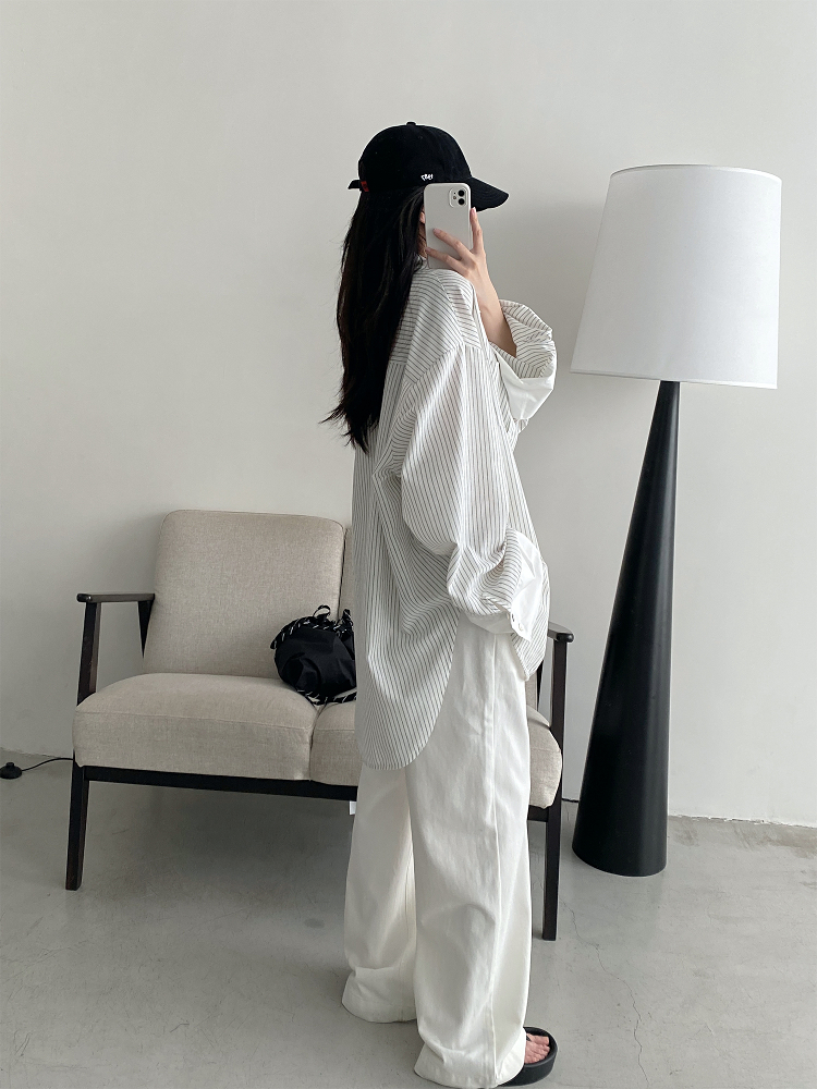 Retro Vertical Striped Big Sleeve Shirt in Sun Grapefruit Tone - Women's Spliced Long Sleeve Cotton-Linen Top Retro Vertical Striped Big Sleeve Shirt in Sun Grapefruit Tone - Women's Spliced Long Sleeve Cotton-Linen Top