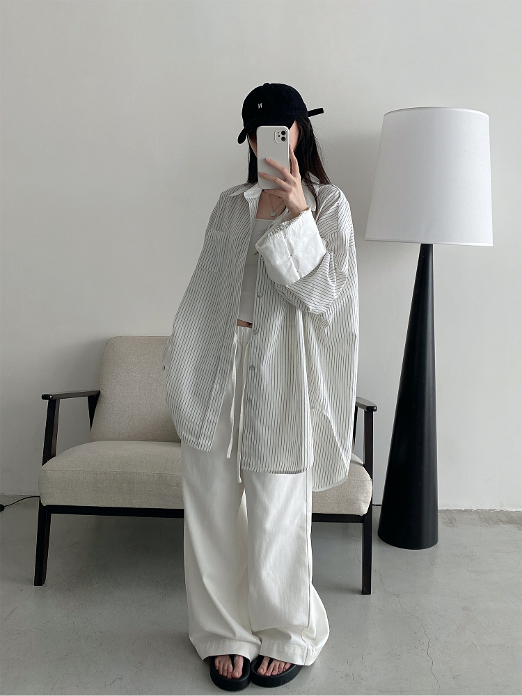 Retro Vertical Striped Big Sleeve Shirt in Sun Grapefruit Tone - Women's Spliced Long Sleeve Cotton-Linen Top Retro Vertical Striped Big Sleeve Shirt in Sun Grapefruit Tone - Women's Spliced Long Sleeve Cotton-Linen Top