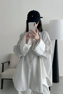 Retro Vertical Striped Big Sleeve Shirt in Sun Grapefruit Tone - Women's Spliced Long Sleeve Cotton-Linen Top