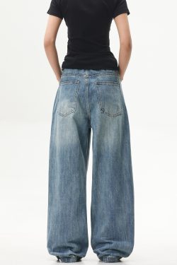 Retro Washed Blue Straight-Leg Jeans for Unisex - American Streetwear Wide-Leg Long Pants in 90s Style