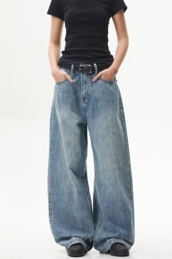 Retro Washed Blue Straight-Leg Jeans for Unisex - American Streetwear Wide-Leg Long Pants in 90s Style