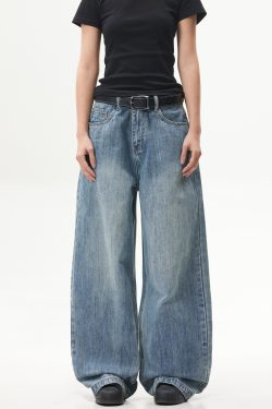 Retro Washed Blue Straight-Leg Jeans for Unisex - American Streetwear Wide-Leg Long Pants in 90s Style