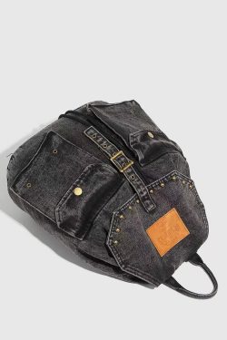 Retro Washed Denim Backpack with Double Pockets and Drawstring, Fashionable Large-Capacity Student Bag for Y2K Style
