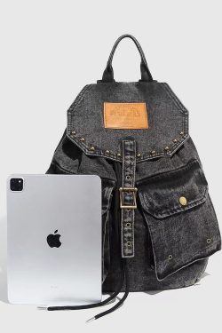 Retro Washed Denim Backpack with Double Pockets and Drawstring, Fashionable Large-Capacity Student Bag for Y2K Style