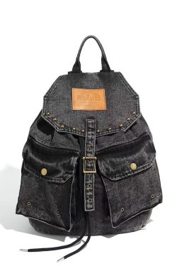 Retro Washed Denim Backpack with Double Pockets and Drawstring, Fashionable Large-Capacity Student Bag for Y2K Style