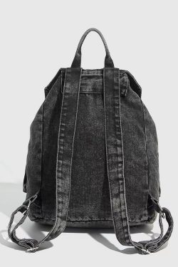 Retro Washed Denim Backpack with Double Pockets and Drawstring, Fashionable Large-Capacity Student Bag for Y2K Style