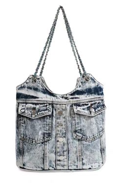 Retro Washed Denim Chain Bag - Fashionable Versatile Button Shoulder Crossbody with Large Capacity for Spicy Girl Style