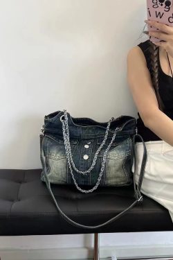 Retro Washed Denim Chain Bag - Fashionable Versatile Button Shoulder Crossbody with Large Capacity for Spicy Girl Style
