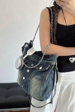 Retro Washed Denim Chain Bag - Fashionable Versatile Button Shoulder Crossbody with Large Capacity for Spicy Girl Style