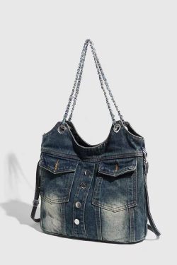Retro Washed Denim Chain Bag - Fashionable Versatile Button Shoulder Crossbody with Large Capacity for Spicy Girl Style