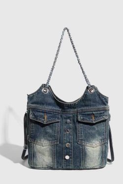 Retro Washed Denim Chain Bag - Fashionable Versatile Button Shoulder Crossbody with Large Capacity for Spicy Girl Style