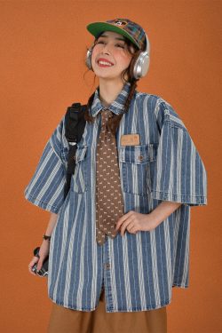 Retro Washed Striped Denim Short Sleeve Top - Loose Fit Vintage Cartoon Shirt for Summer Casual Style