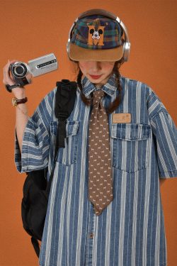 Retro Washed Striped Denim Short Sleeve Top - Loose Fit Vintage Cartoon Shirt for Summer Casual Style