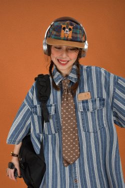 Retro Washed Striped Denim Short Sleeve Top - Vintage Loose Fit Cartoon Shirt for Summer - Y2K Style Fashion