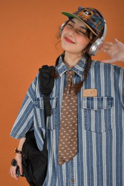 Retro Washed Striped Denim Short Sleeve Top - Vintage Loose Fit Cartoon Shirt for Summer - Y2K Style Fashion