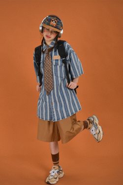 Retro Washed Striped Denim Short Sleeve Top - Vintage Loose Fit Cartoon Shirt for Summer - Y2K Style Fashion