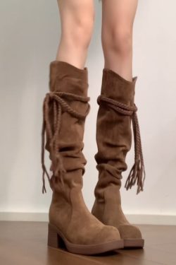 Retro Wasteland Style Cowhide Fringe Knight Boots with Chunky Heels - Over-the-Knee Slouchy Mid-Calf Boots for Women