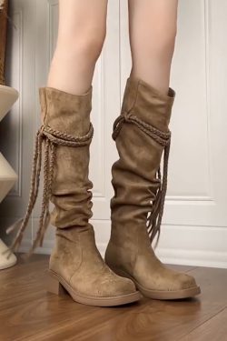 Retro Wasteland Style Cowhide Fringe Knight Boots with Chunky Heels - Over-the-Knee Slouchy Mid-Calf Boots for Women