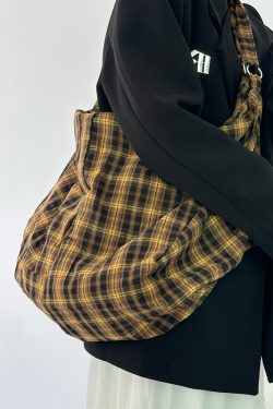 Retro Yellow Checkered Slouchy Tote Bag - Large Capacity Shoulder Crossbody Canvas Backpack in Lazy Style