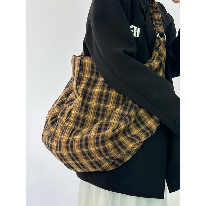 Retro Yellow Checkered Slouchy Tote Bag - Large Capacity Shoulder Crossbody Canvas Backpack in Lazy Style Retro Yellow Checkered Slouchy Tote Bag - Large Capacity Shoulder Crossbody Canvas Backpack in Lazy Style
