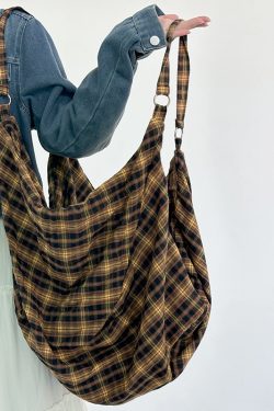Retro Yellow Checkered Slouchy Tote Bag - Large Capacity Shoulder Crossbody Canvas Backpack in Lazy Style