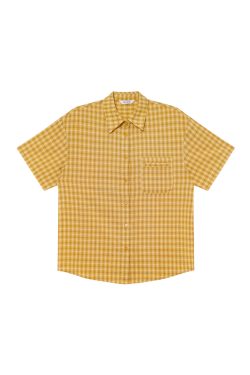 Retro Yellow Plaid Lapel Short Sleeve Shirt for Women - Summer 2025 Simple Commuting Versatile Top in 90s Style