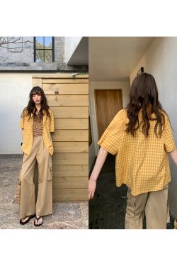 Retro Yellow Plaid Lapel Short Sleeve Shirt for Women - Summer 2025 Simple Commuting Versatile Top in 90s Style
