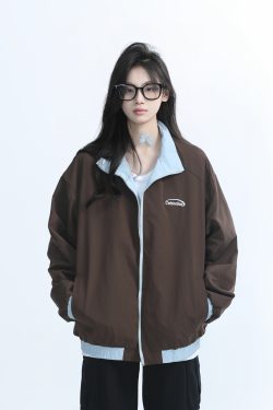 Reversible Brown Jacket for Women - American Retro Style, Loose Fit, Autumn Trend, Casual Layering Essential