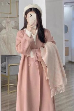 Reversible Coffee-Colored Cashmere Coat for Women - Mid-Length Korean Style Woolen Coat for Autumn/Winter 2024